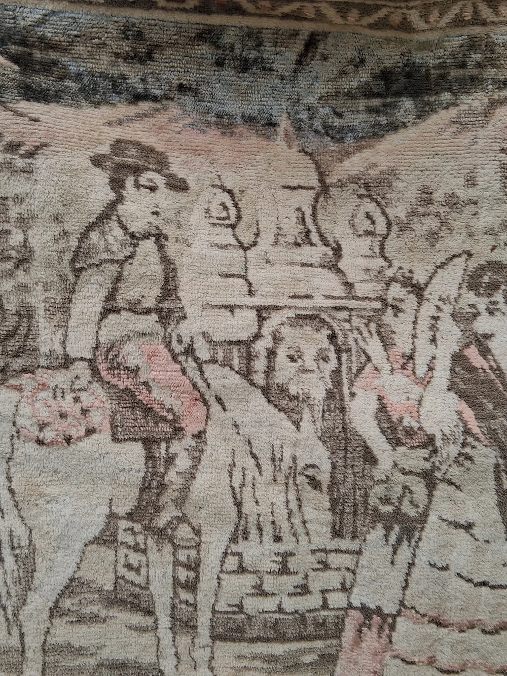 Woven Tapestry Wall Hanging Vintage Scene in Beige and Brown
